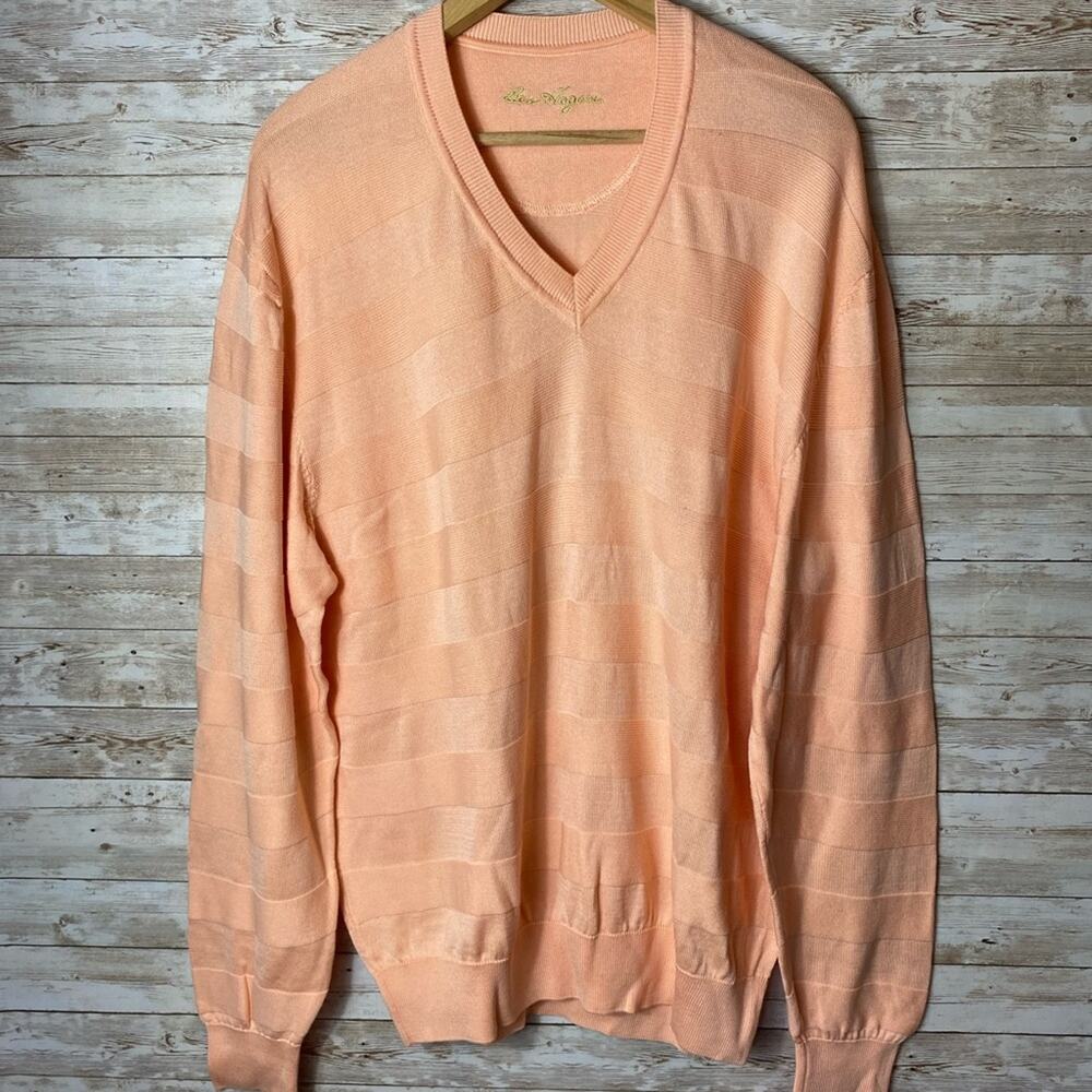 Ben Hogan V Neck Golf Sweater Men's Large 100% Pima Cotton Orange Long Sleeve